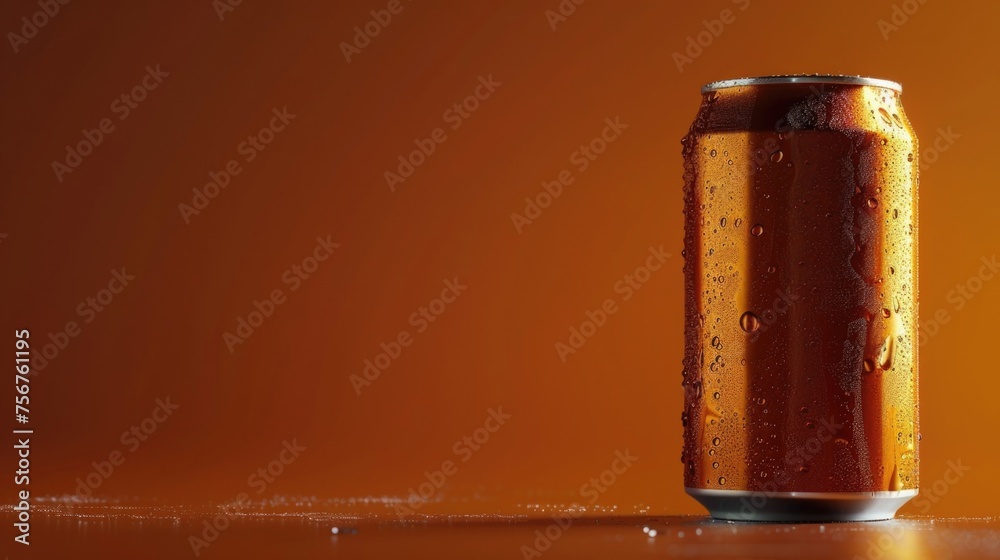 Poster close up of a can of beer on a table, suitable for beverage or relaxation concepts