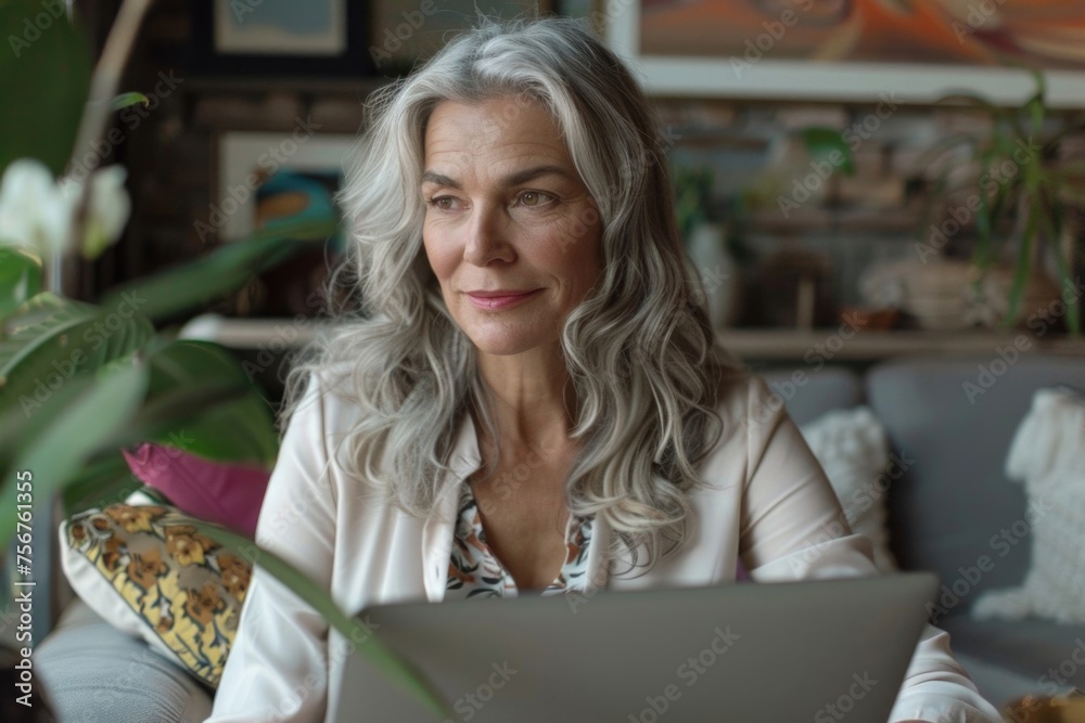 Poster a woman sitting in front of a laptop computer. suitable for business and technology concepts