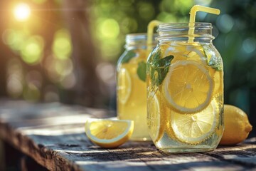 Refreshing lemonade in mason jars, perfect for summer events - obrazy, fototapety, plakaty