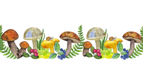 Seamless botanical border: edible mushrooms, leaves and berries, fern, snail, grass, cranberry, mountain ash. Hand draw watercolor illustration isolated on white background. Endless design element