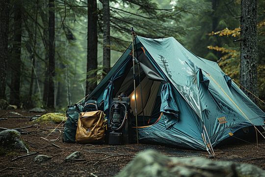 Secluded Forest Camping with Tent and Hiking Gear in a Misty Woodland. Generative AI.