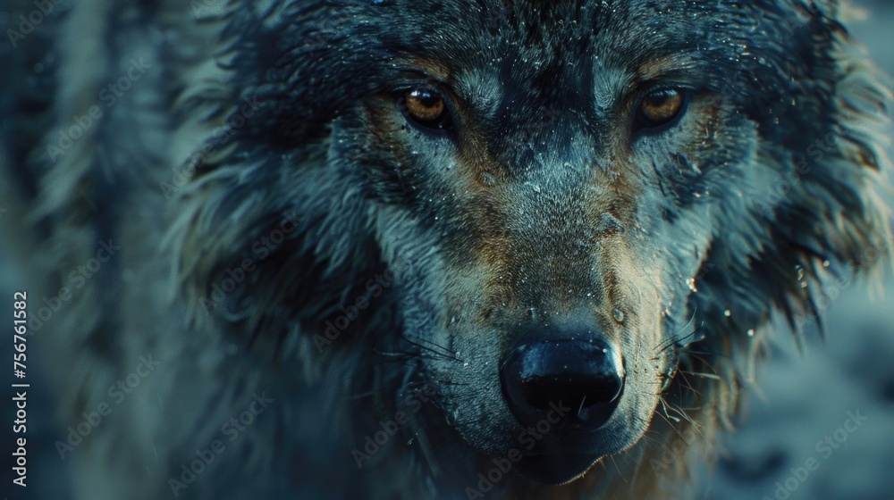 Poster a detailed view of a wolf's face with a blurred background. perfect for wildlife enthusiasts