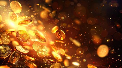 A pile of gold coins falling from the sky. Suitable for financial concepts