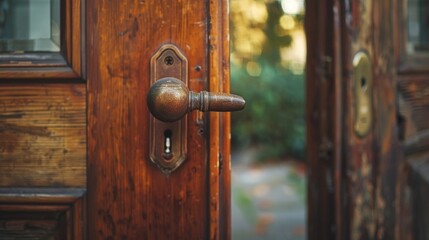 Obraz premium Detailed view of a wooden door handle. Suitable for architectural or interior design concepts