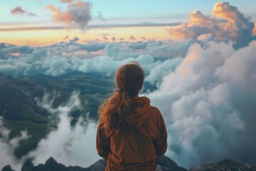 Obraz premium A woman standing on a mountain peak, observing the clouds. Suitable for travel and nature concepts