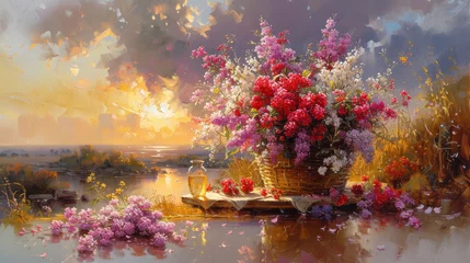 Foto auf Alu-Dibond a painting of a vase of flowers and a book on a table with a view of a body of water. © Anna