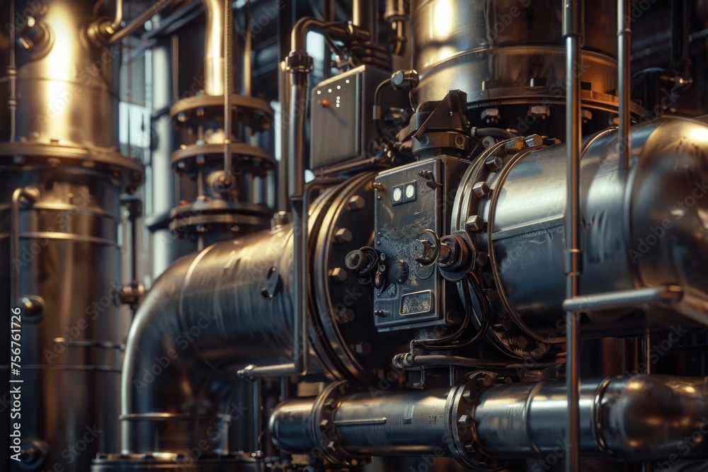 Poster a collection of pipes and valves in a building. suitable for industrial and engineering concepts