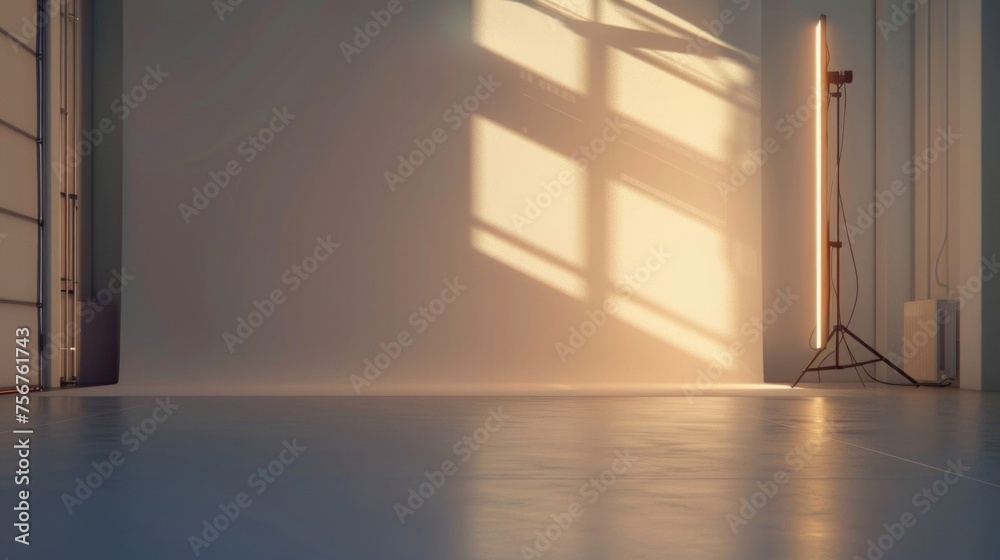 Poster A simple image of an empty room with a large window and a floor lamp. Suitable for interior design concepts