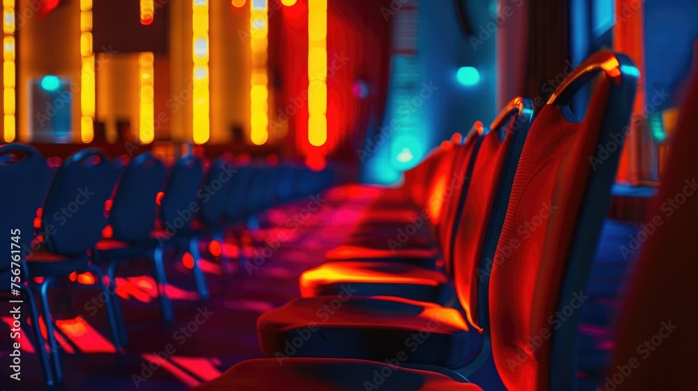 Aufkleber A row of empty chairs in a brightly lit room, suitable for various concepts