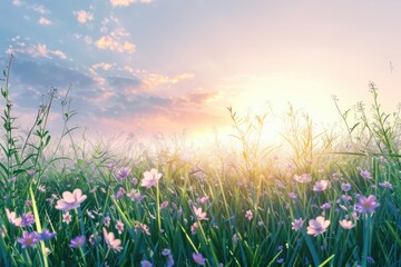 A beautiful field of purple flowers with the sun shining in the background. Ideal for nature and landscape concepts