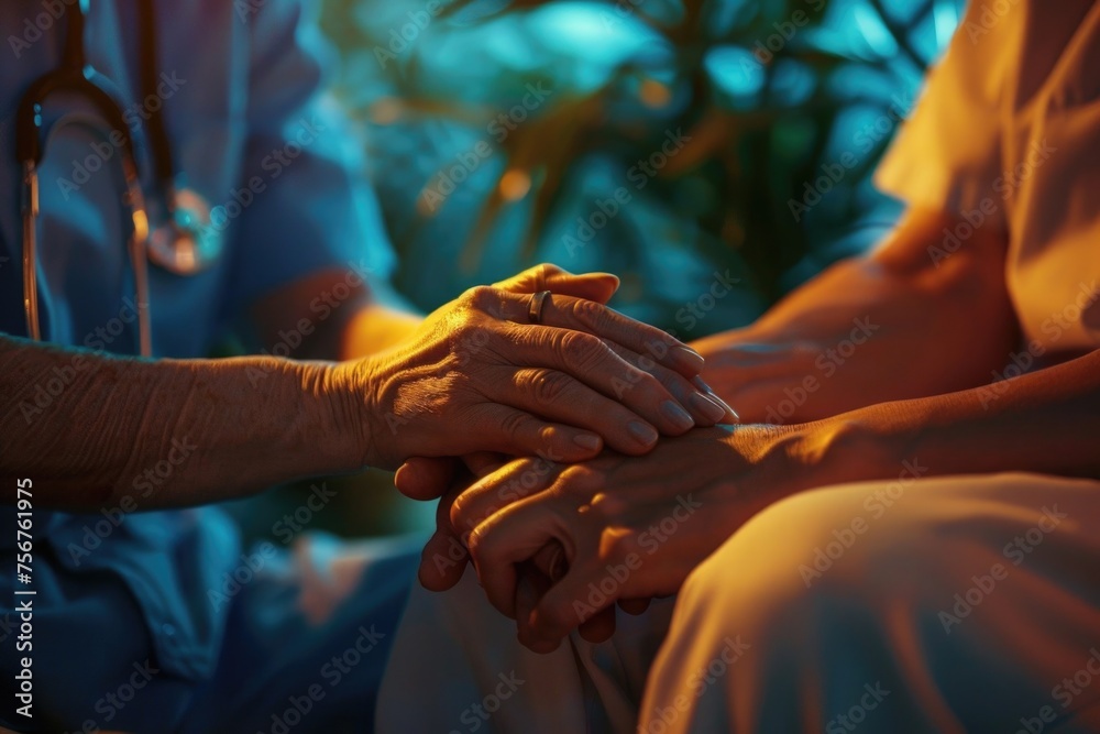 Poster Close up shot of a person holding another's hand, perfect for illustrating connection and support in various concepts