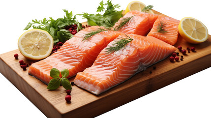 Slices of the fresh raw salmon fish fillet steak with herbs and lemon lying on the wooden table desk in the PNG format