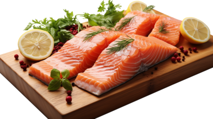 Slices of the fresh raw salmon fish fillet steak with herbs and lemon lying on the wooden table desk in the PNG format