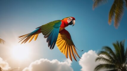 A majestic large colored parrot soars gracefully in the bright sky above lush palm trees. Freedom and tropical beauty represent travel, wildlife conservation, a sense of awe and tranquility.