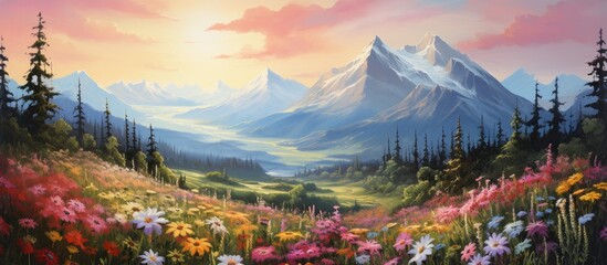 An art piece depicting a natural landscape with a field of colorful flowers, green grassland, and majestic mountains under a cloudy sky - obrazy, fototapety, plakaty