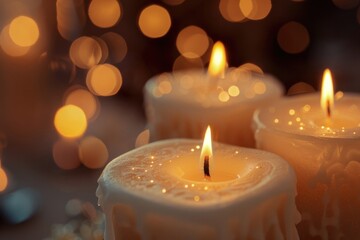 Close up of three lit candles on a table. Ideal for home decor or relaxation concepts