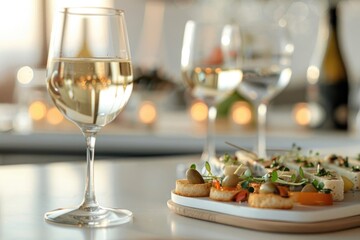A plate of food and a glass of wine on a table, perfect for restaurant or dining concept
