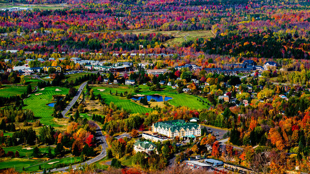 Bromont, Canada - Oct. 11 2020: Bird view from Bromont mountain in Quebec Autumn season