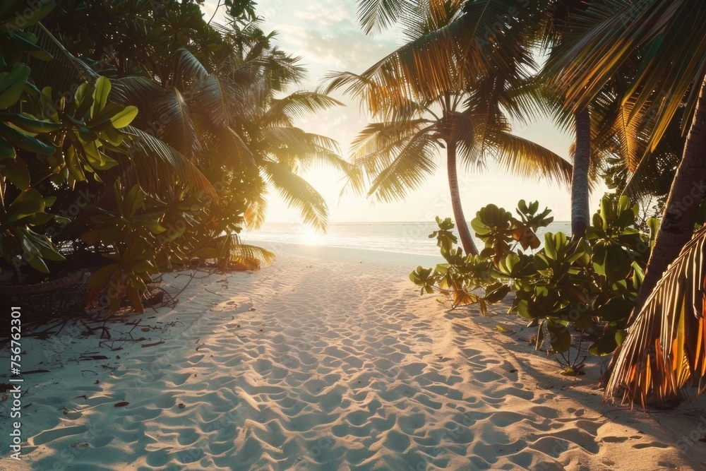 Poster a beautiful sandy beach with palm trees and a path leading to the ocean. perfect for travel and vaca