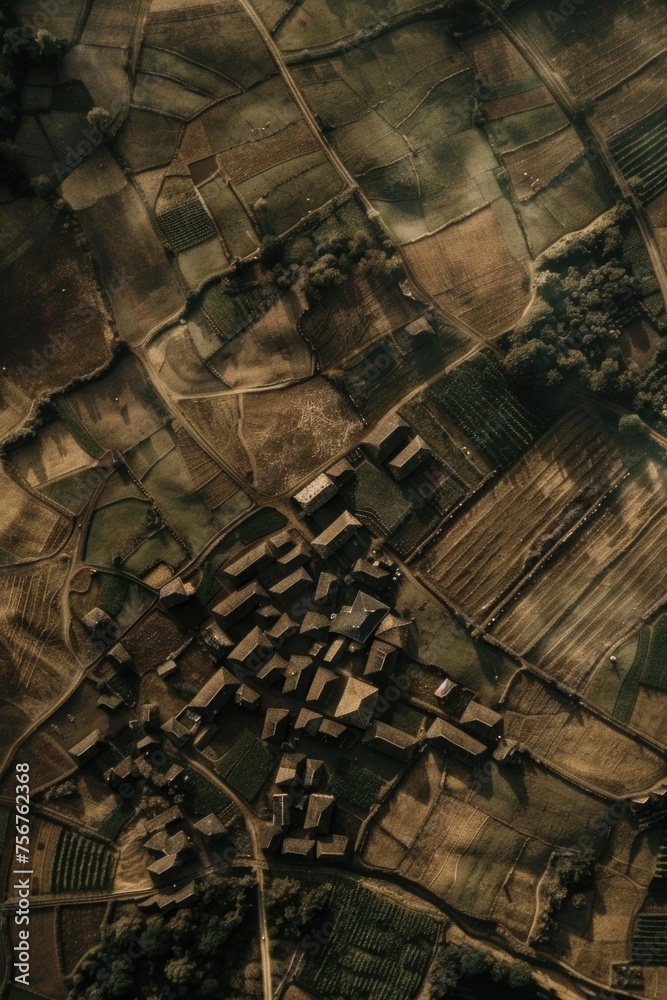 Poster a village situated in the middle of a vast field. suitable for rural landscape concepts