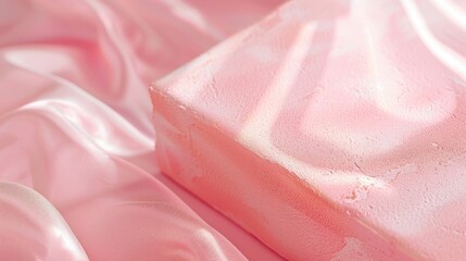 A piece of cake on a pink cloth, perfect for bakery or dessert concepts