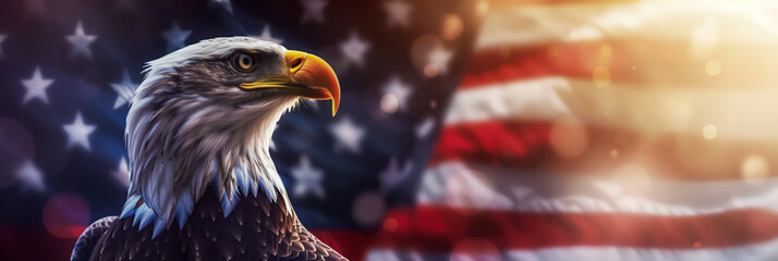 USA patriotic banner with bald eagle in front of the American flag 