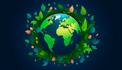 Naklejka premium Earth globe illustration on with plants copy space banner ecological earth day hour safe butterfly flowers environmental problems on blue background