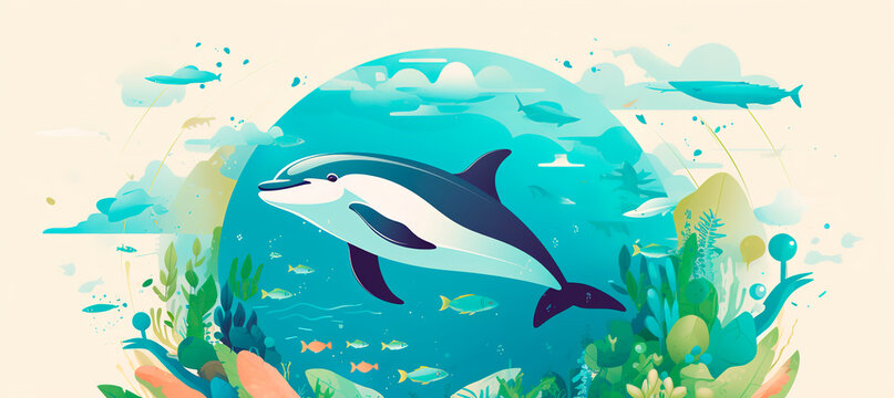 Earth and dolphin water sea ocean illustration flora fauna ecology day hour care world