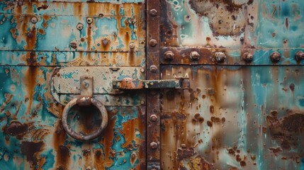 An old rusted metal door with a ring, suitable for industrial, grunge or urban themes