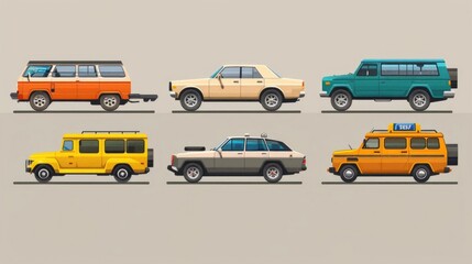 Set of four different colored cars on a gray background. Ideal for automotive industry promotions