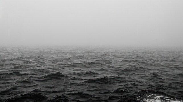 a black and white photo of a large body of water with a boat in the distance on a foggy day.