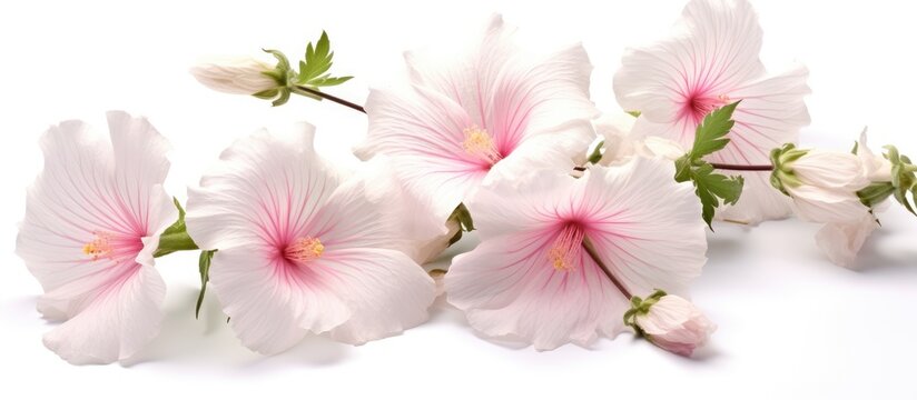 A cluster of white flowers with pink centers, set against a white background. Each delicate petal blooms beautifully on the terrestrial plant, creating a stunning piece of floral art