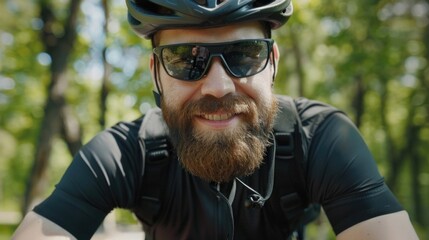 A man with a beard wearing a helmet and sunglasses. Ideal for outdoor sports and adventure concepts