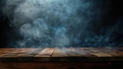 Poster A wooden table with smoke rising from it. Perfect for adding a rustic touch to any design project © Fotograf