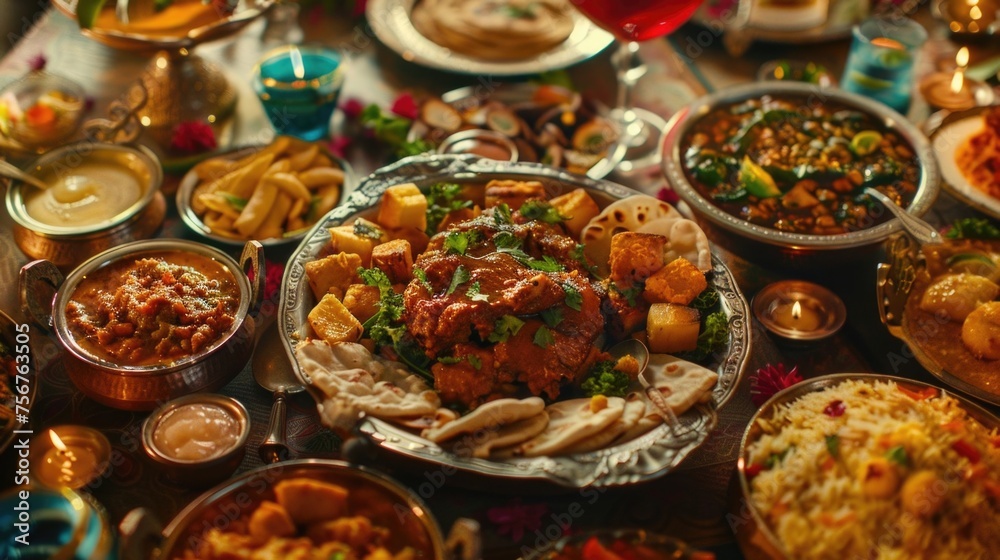 Poster a table filled with a diverse selection of food. great for food-related concepts