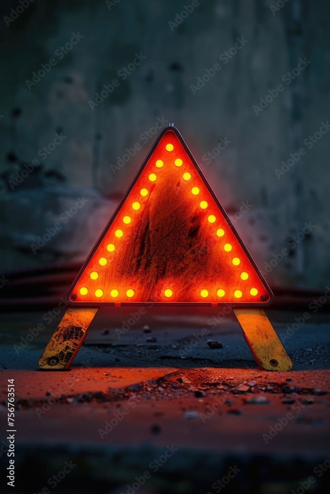 Poster a triangle shaped sign with yellow lights, suitable for cautionary messages