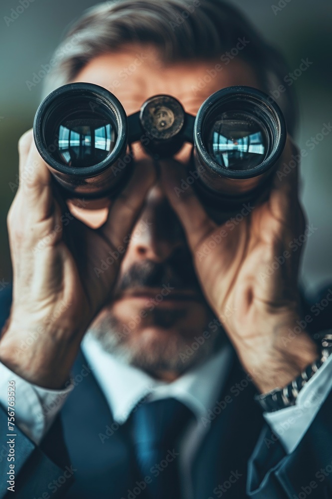 Poster a man in a suit looking through a pair of binoculars. suitable for business concepts