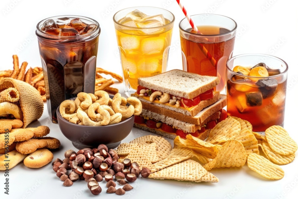 Poster assorted snacks and beverages displayed on a table, perfect for food and beverage concepts