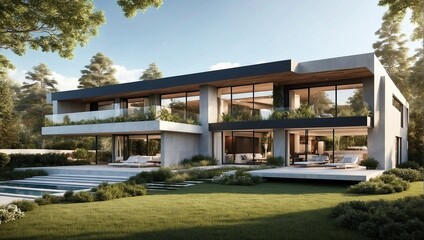 Fototapeta na wymiar Modern eco-friendly house with large glass windows in contemporary architectural style