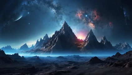 Foto auf Glas Breathtaking futuristic scene from a distant planet with stone peaks landscape © Natallia