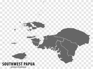 Blank map Southwest Papua province of Indonesia. High quality map Southwest Papua with municipalities on transparent background for your design. Republic of Indonesia.  EPS10.