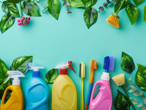 Spring Cleaning concept background with an image of colorful detergent bottles and brushes surrounded bz green spring season leaves and copz space 