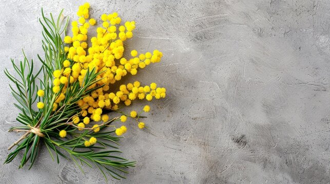 a bunch of yellow flowers sitting on top of a cement floor next to a sprig of green leaves.