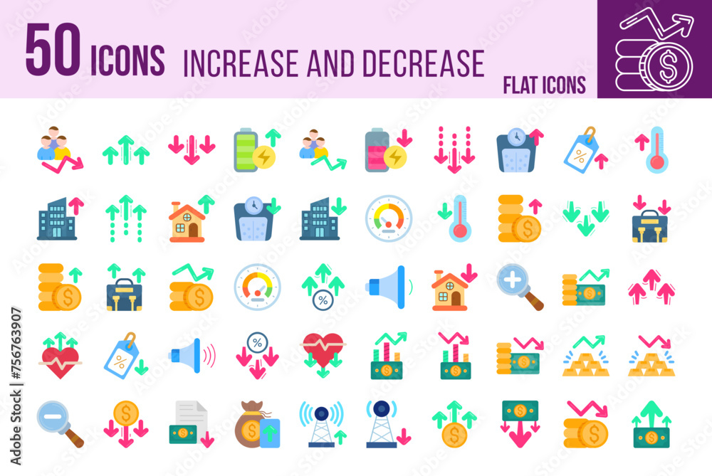 Sticker Set of 50 Increase and Decrease line icons set. Increase and Decrease outline icons with editable stroke collection.