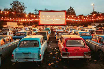 Families enjoying a drive-in movie night, cuddled up in vintage cars, munching on popcorn, and watching classic films.
