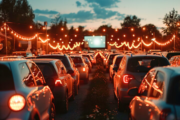 Families enjoying a drive-in movie night, cuddled up in vintage cars, munching on popcorn, and watching classic films. - obrazy, fototapety, plakaty