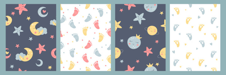 Bohemian baby simple seamless pattern. Hand drawn boho nursery design with starry night sky, cute planet, moon, cloud, and footprints for kids bedroom in scandinavian style. Childish wall art print.