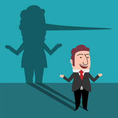 Businessman character chatting in front of the wall with shadow of his long nose. Liar lying people in business concept vector - obrazy, fototapety, plakaty