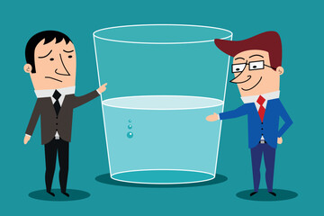 Optimism versus pessimism concept. Cartoon characters businessmen indicating glass half full or half empty. vector isolated