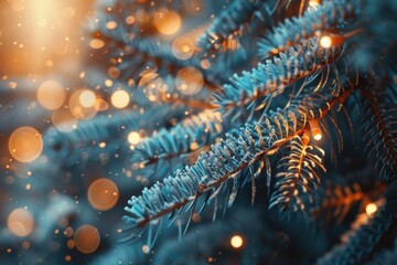 Close up of a pine tree with lights in the background. Suitable for holiday concepts - obrazy, fototapety, plakaty
